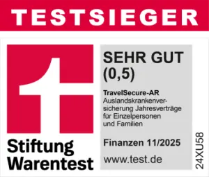 Grafik Auslandskrankenversicherung Testsieger Finanztest 2025 SEHR GUT