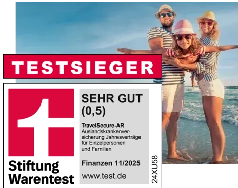 Grafik Auslandskrankenversicherung Finanztest 2025 SEHR GUT